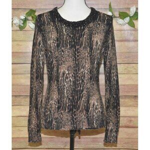 Carmen Mark Valvo Cheetah Animal Print Thin Knit Sweater Beaded Neckline Size S